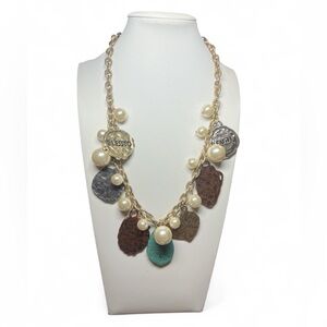 Chunky Faith Blessed Charm Necklace Faux‎ Pearl Dangle Mixed Metal 18" + 3"